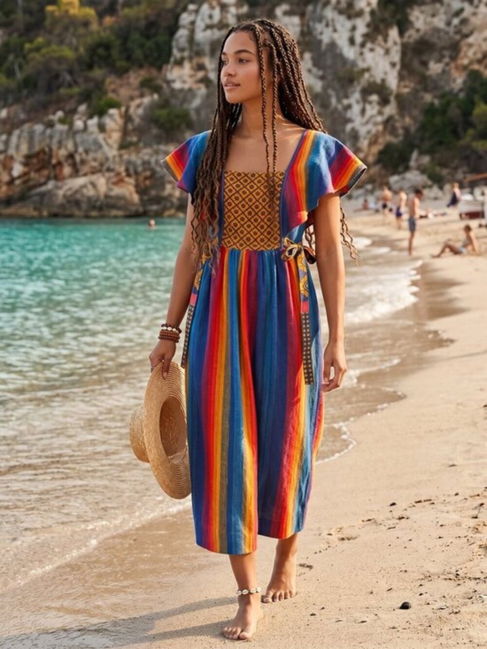 Vintage 1970s Rikma Boho, hippie Multicolor Striped Maxi Dress with Puff Sleeves
